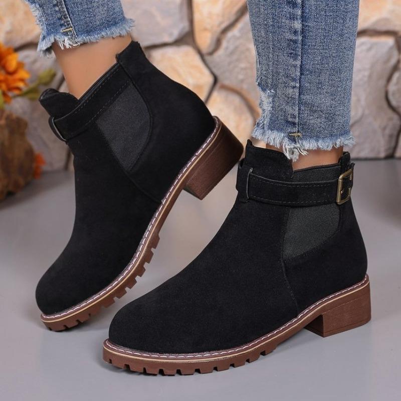 Women Boots 2025Retro Suede Round Head Thick With Belt Buckle Boots EuropeAmerica Wind Casual High Heel Ankle Boots Botas Mujer