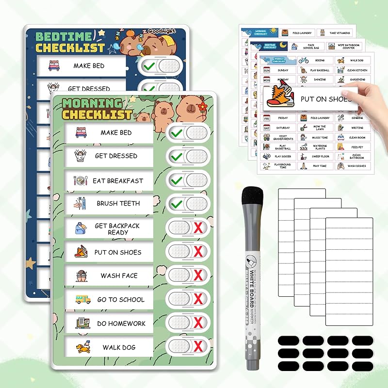 Upgraded Slider Morning/Bedtime Routine Chart for Kids Toddlers - Magnetic Kids Chore Chart for 2 Kids, Dry Erase Chore Chart for Kids, Visual