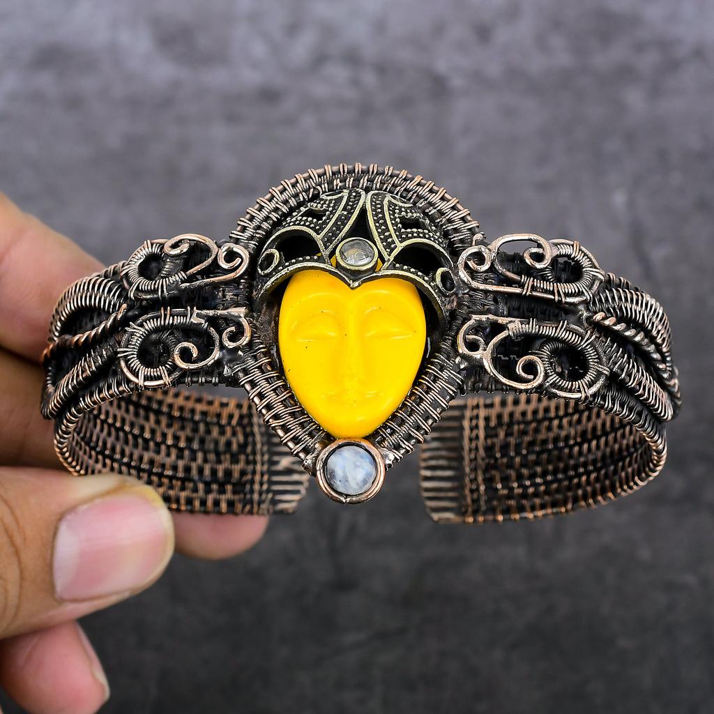 Cameo, Moonstone Handmade Copper Wire Wrap Cuff Bangle Adjustable K4k71