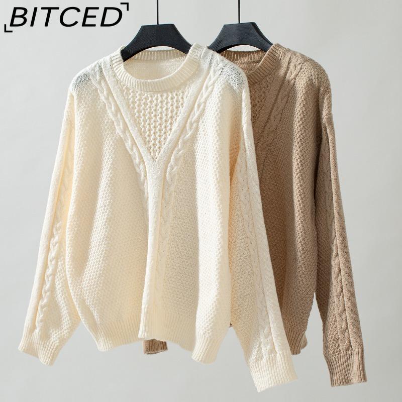BITCED Solid Color Openwork Pullover Sweater for Women Autumn/Winter Vintage Twisted Knot Knitwear