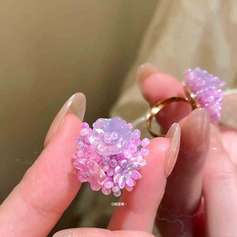 

Stained glass beads, rice beads, flower opening ring, summer fresh atmosphere, index finger ring, fashion sweet jewelry women