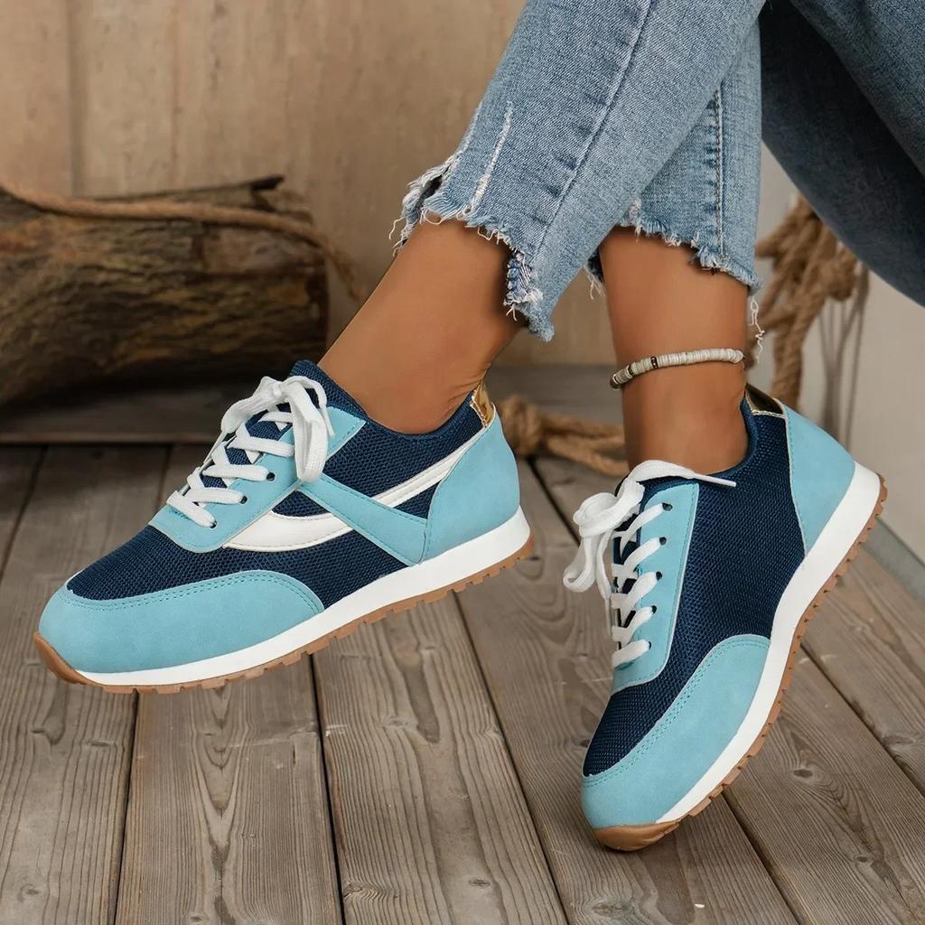 Fashion Women's Splicing Lace-up Flat Low Casual Sports Shoes New Large Size Round Head Mesh Shoes Zapatos De Mujer  Women Shoes