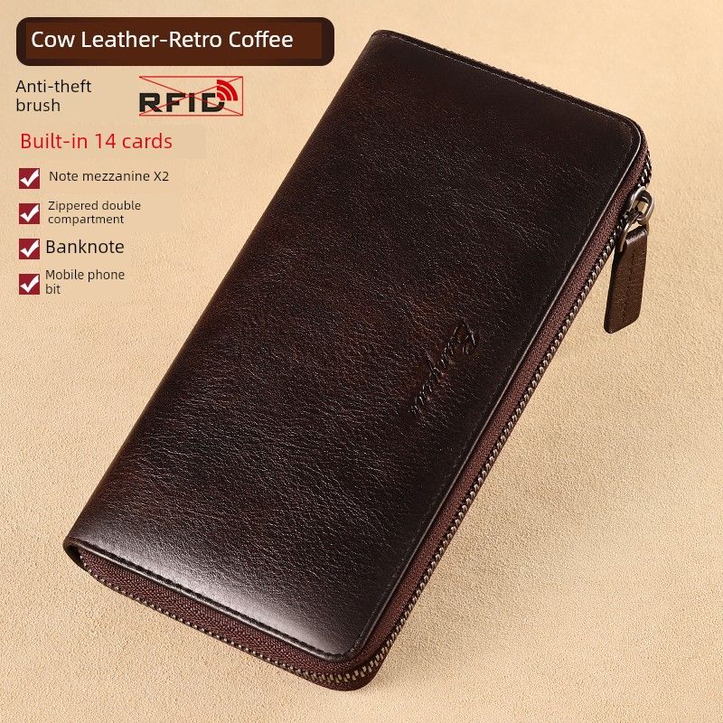 

Banyanu Мужской длинный кошелек из натуральной кожи с множеством отделений для карт Brown (first layer of cowhide) anti-theft brush