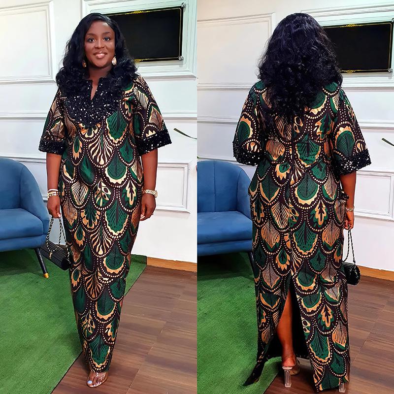 African Plus Size Satin Beaded Long Burqa Dress for Women, Style 8098