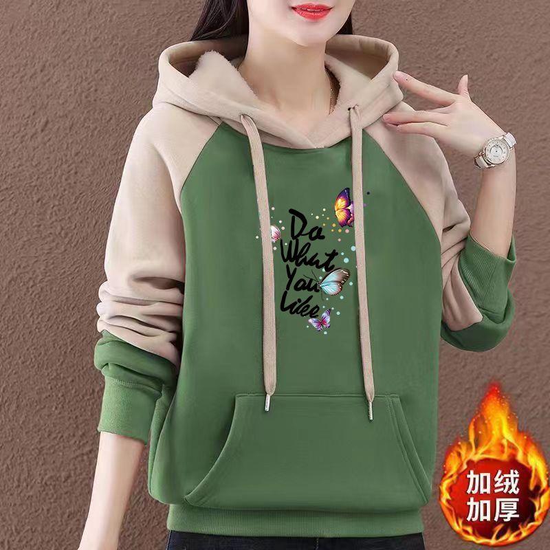 Autumn Winter Velvet Thickening Korean New Hooded Sweatshirt Women's Top Pullover Kangaroo Pocket