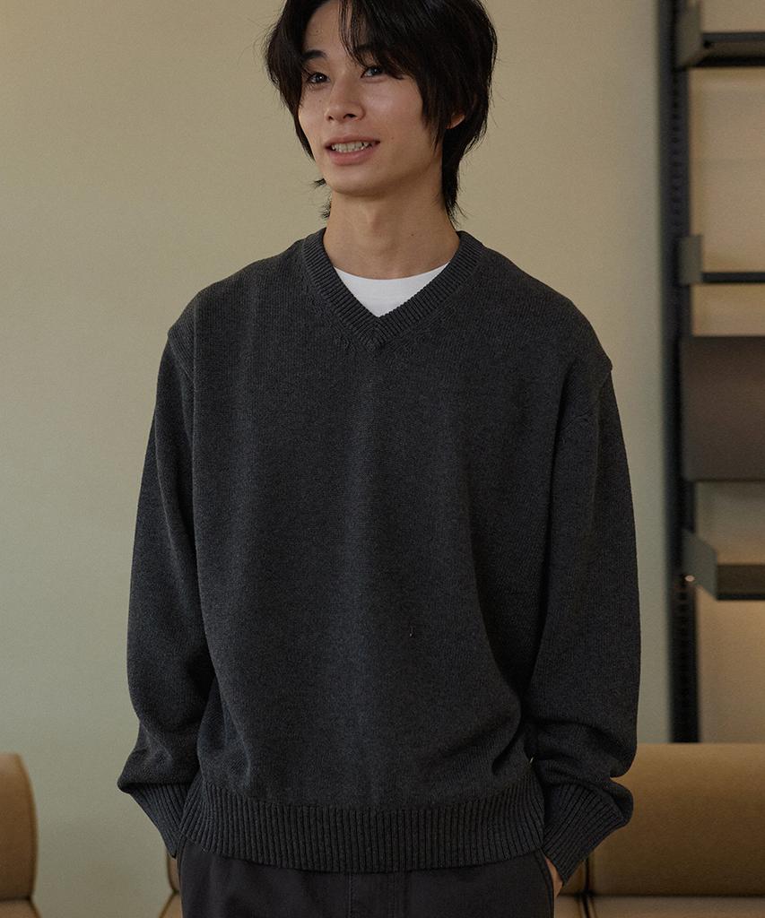 ASP Cotton V-Neck Knit Melange Charcoal