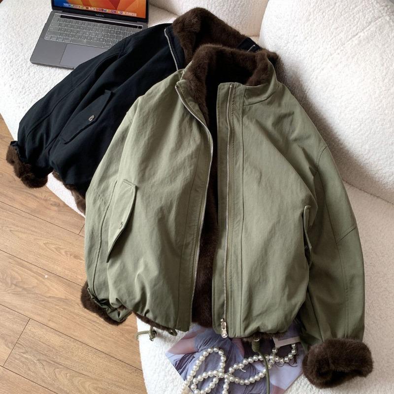 Manteaux pour Femmes Hiver Veste en Coton Couleur Unie Épaissi Doublé Polaire Velours Ample Décontracté Manteau Haut