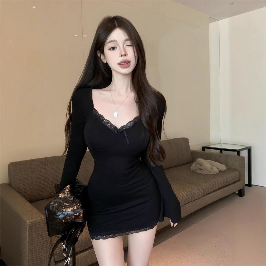 

Женское облегающее платье с V-образным вырезом и кружевной отделкой - Длинные рукава, Подчеркивающее талию, Стройнящее, Сексуальный дизайн XL