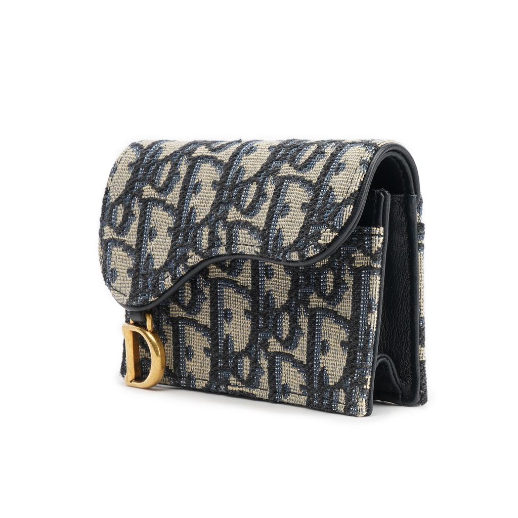 Dior Saddle Monogram Embroidered Flap Saddle Bag Card Holder Cotton Card Case Small Women accessories Denim-Blue S5611CTZQ_M928