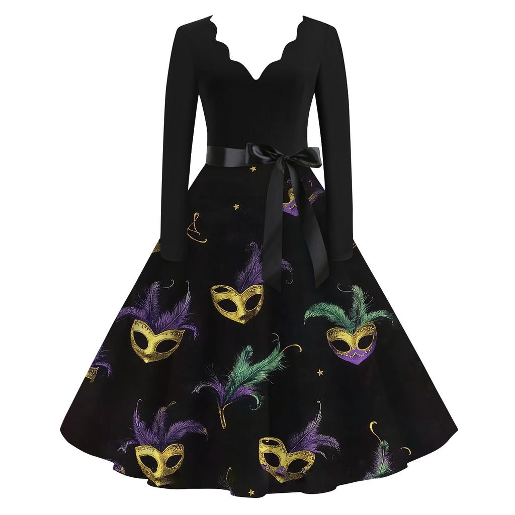 Women's Casual Fashion V-Neck Long Sleeve Carnival Print Vintage  Dress