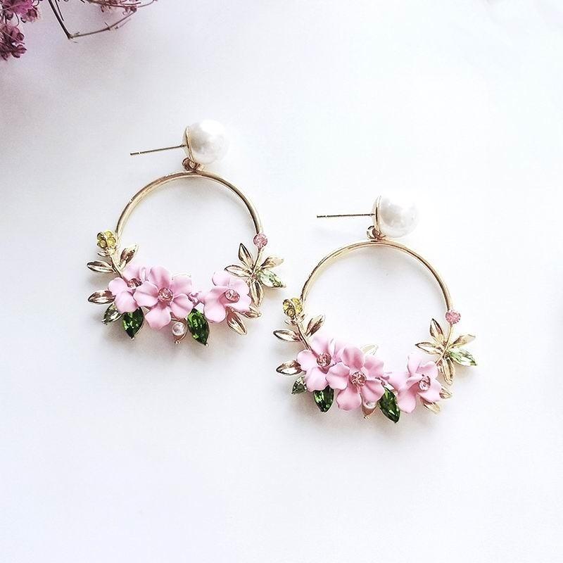 New Elegant Big Circle Flower Drop Earrings for Women Fashion Simulated Pearl Rhinestone Earring
