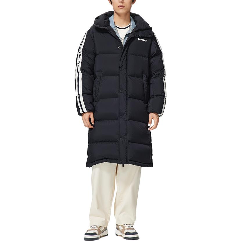 Li Ning Kontrastfarbenes Markenlogo Bedruckte Lange Daunenjacke mit Kapuze Unisex Oberbekleidung Schwarz AYMS335-1