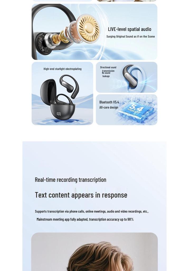 Smart AI Translation M118 Wireless Open-Ear Clip-On Earphones with Ultra-Long Battery Life Bluetooth