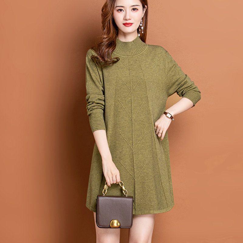 Mid-length Pullover Women's Solid-color Casual Knitted Sweater Dress Autumn and Winter Loose Large-sized Knitted Sweater