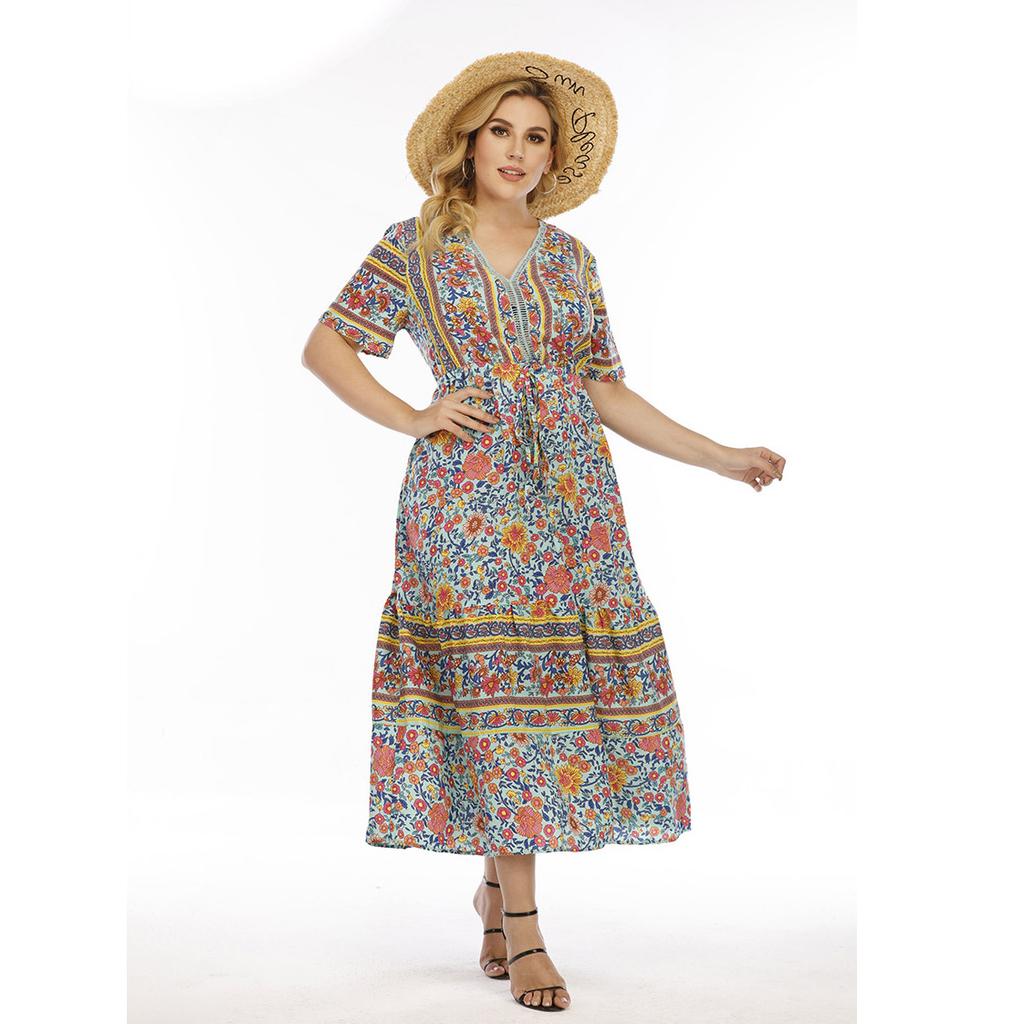 (M~4XL) Vestido Largo Boho con Estampado Floral para Mujer Cuello en V manga corta cintura alta patchwork vestido maxi moda casual transpirable ligero talla grande