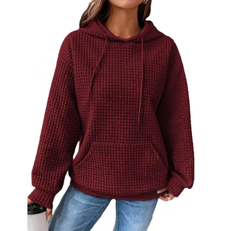 2025 New Women's Loose Hooded Long-sleeved Stitching Sweater Leisure Versatile Round Neck Solid Color Waffle Knit Hoodie