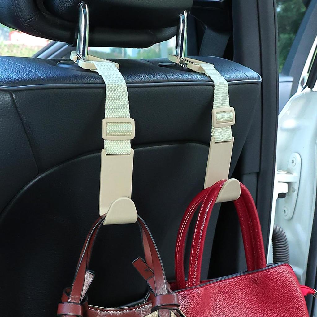 Amooca Headrest Hooks For Car Adjustable 4 Pack Vehicle Seat Back Organizer Storage Hanger Holder For Purse Bags Universal Fit With Clip Beige
