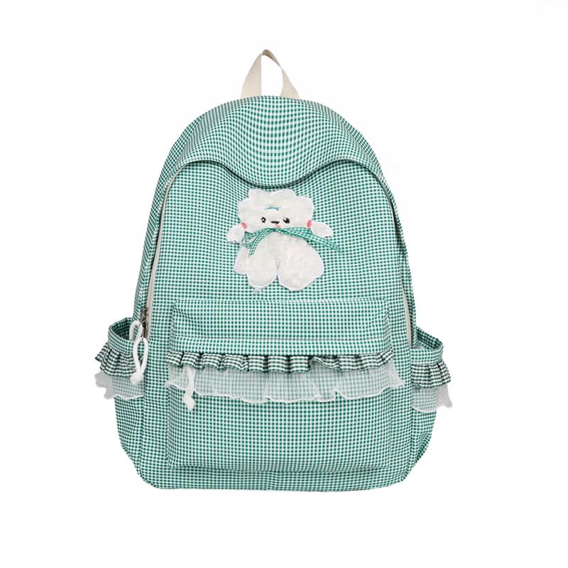 Kawaii Checkered Nylon Backpack with Fluffy Poodle Embroidery Sweet Style Women's School & Daily Bag