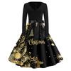 Women's Retro V-Neck Christmas Print Dress with Snowflake and Christmas Tree Pattern