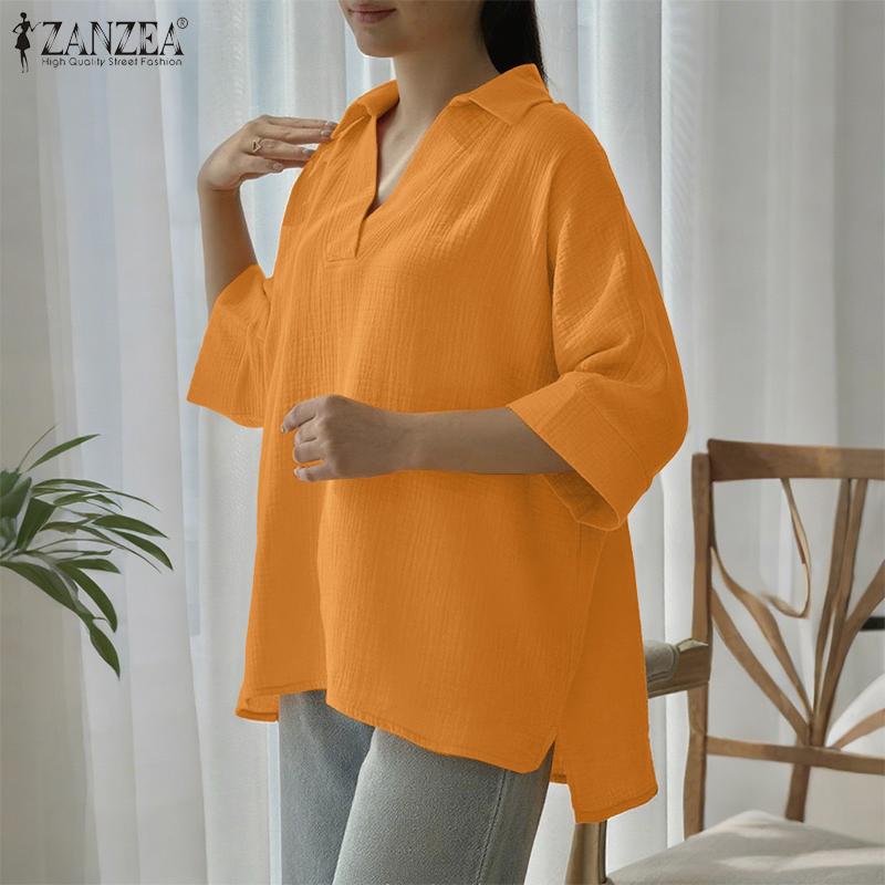ZANZEA Women Classic Collar Loose 3/4 Sleeve Solid Blouse