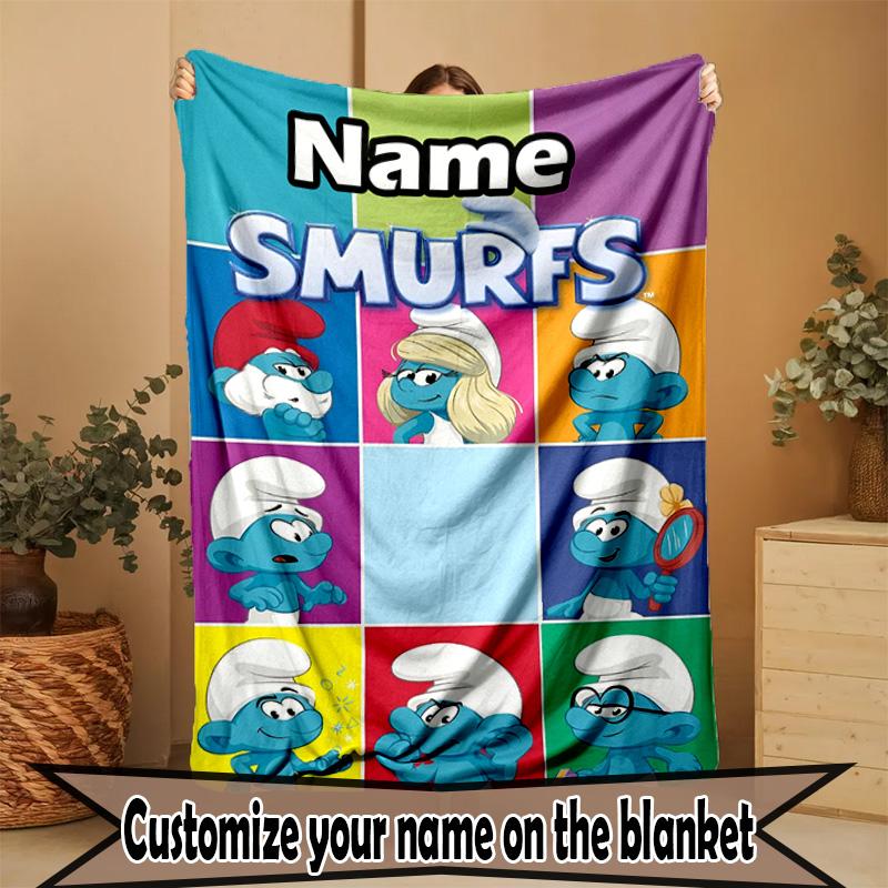 Custom Name Personalized Blue Smurfs Print Blanket, Home Decor, Bedroom, Sofa, Camping, Couch, Gifts for Birthday Christmas
