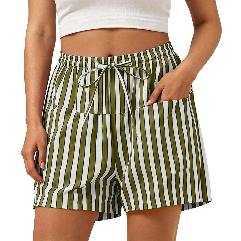 Women's Casual Striped Shorts with Elastic Waist and Drawstring Pockets Lightweight Comfortable Summer Bottoms