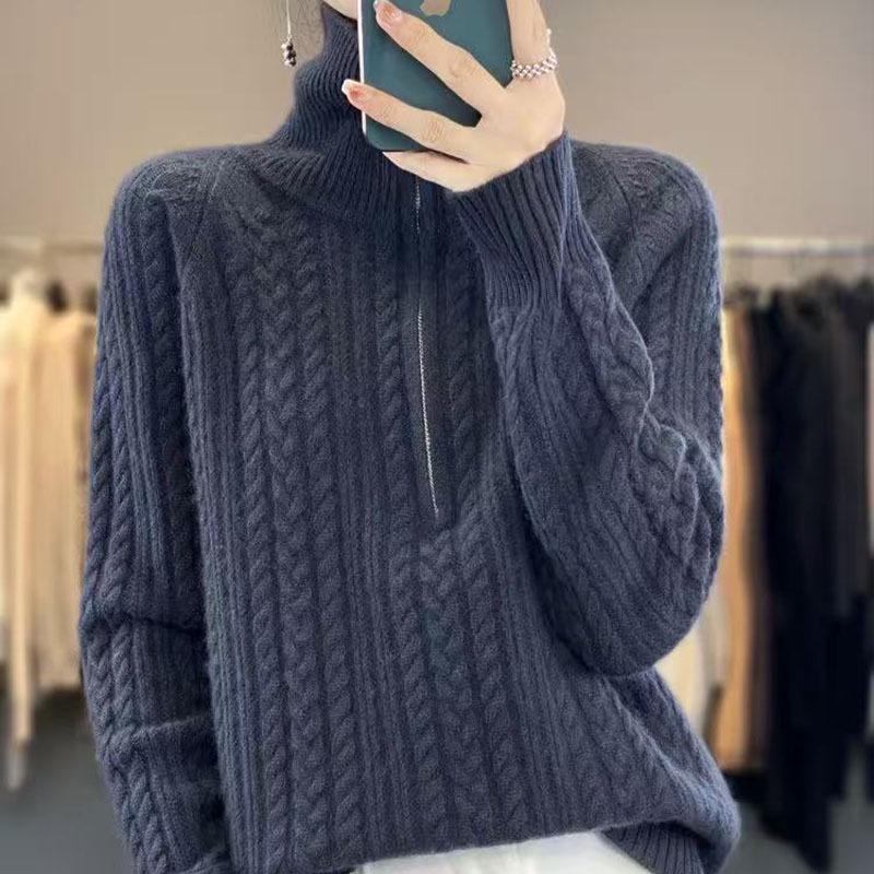 Women's High Neck Zipper Wool Pullover Sweater - Autumn Winter Loose Fit Base Layer
