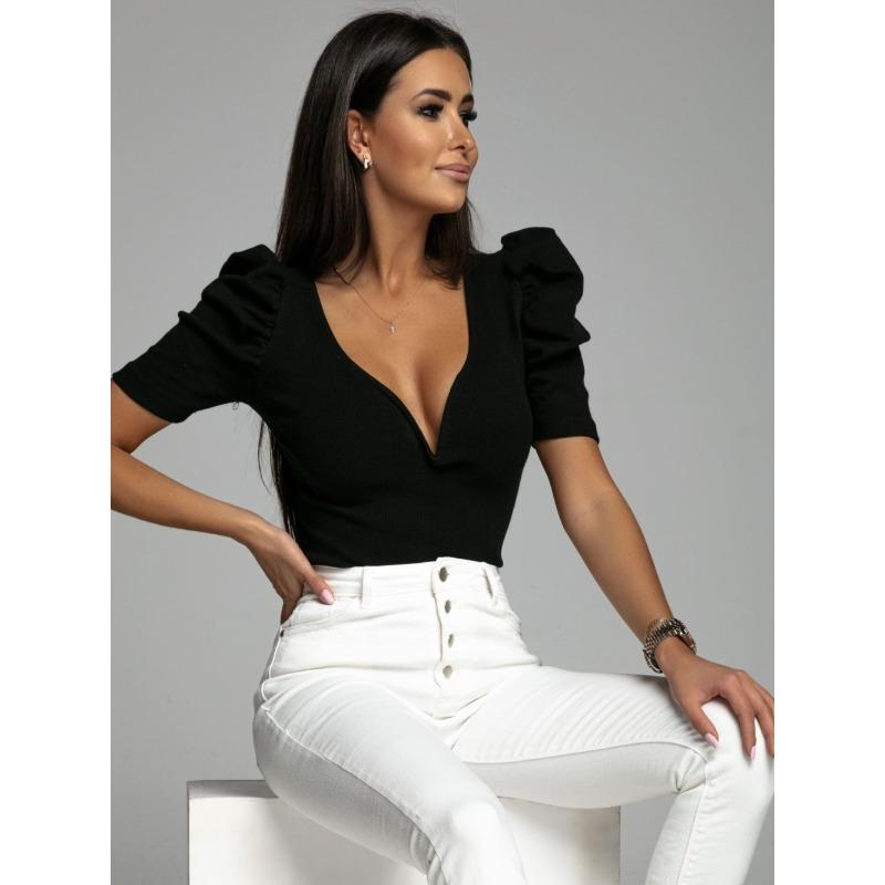 Kurzärmliges Slim-Fit V-Ausschnittshirt mit Puffärmeln für Damen