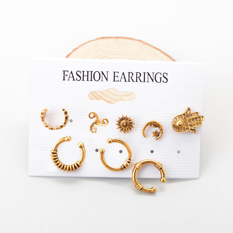 Popular European and American Bohemian retro sun and moon earrings, eight-piece set of earrings
