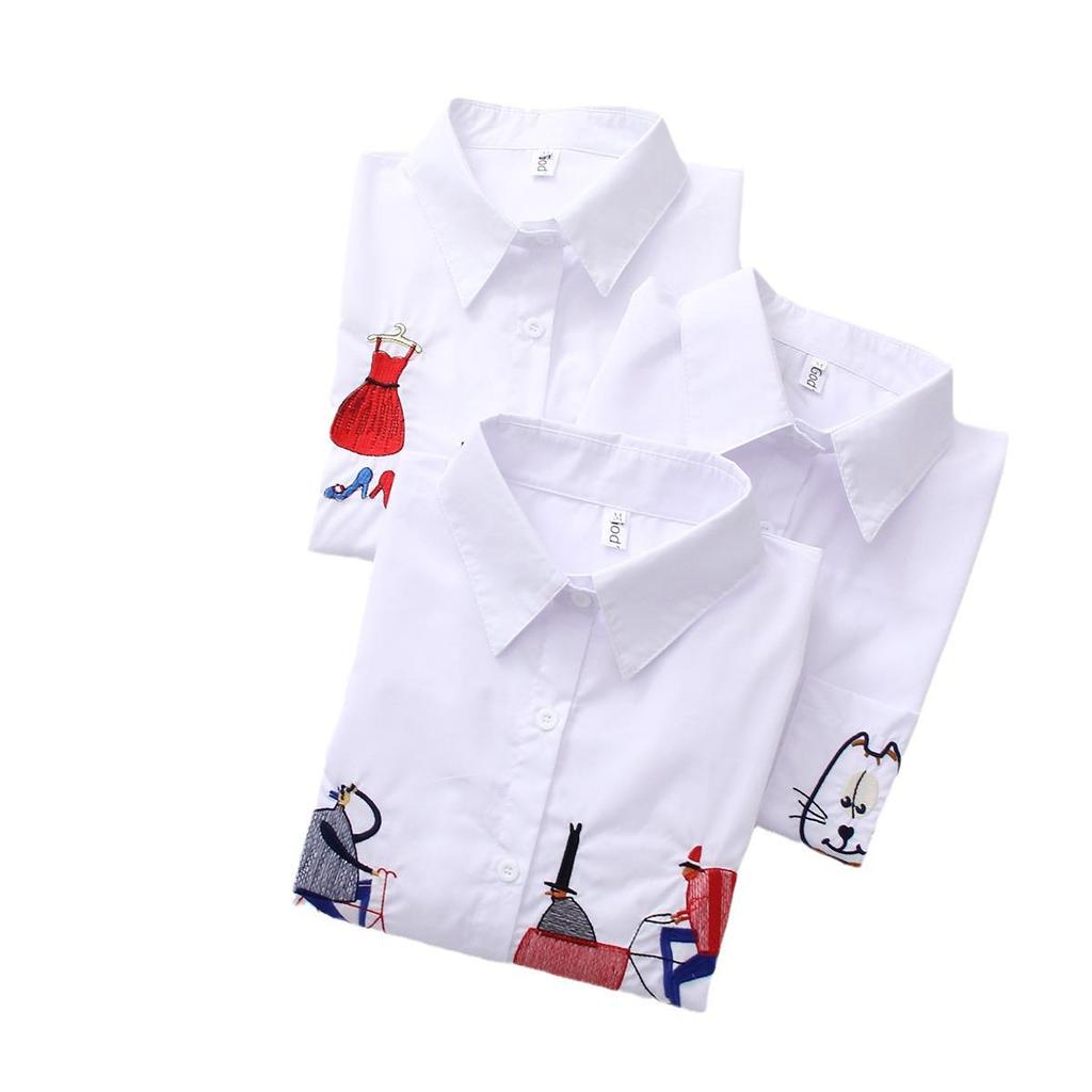 Damen Locker Geschnittenes Mittellanges Bedrucktes Weißes Hemd - Herbst Koreanischer Stil