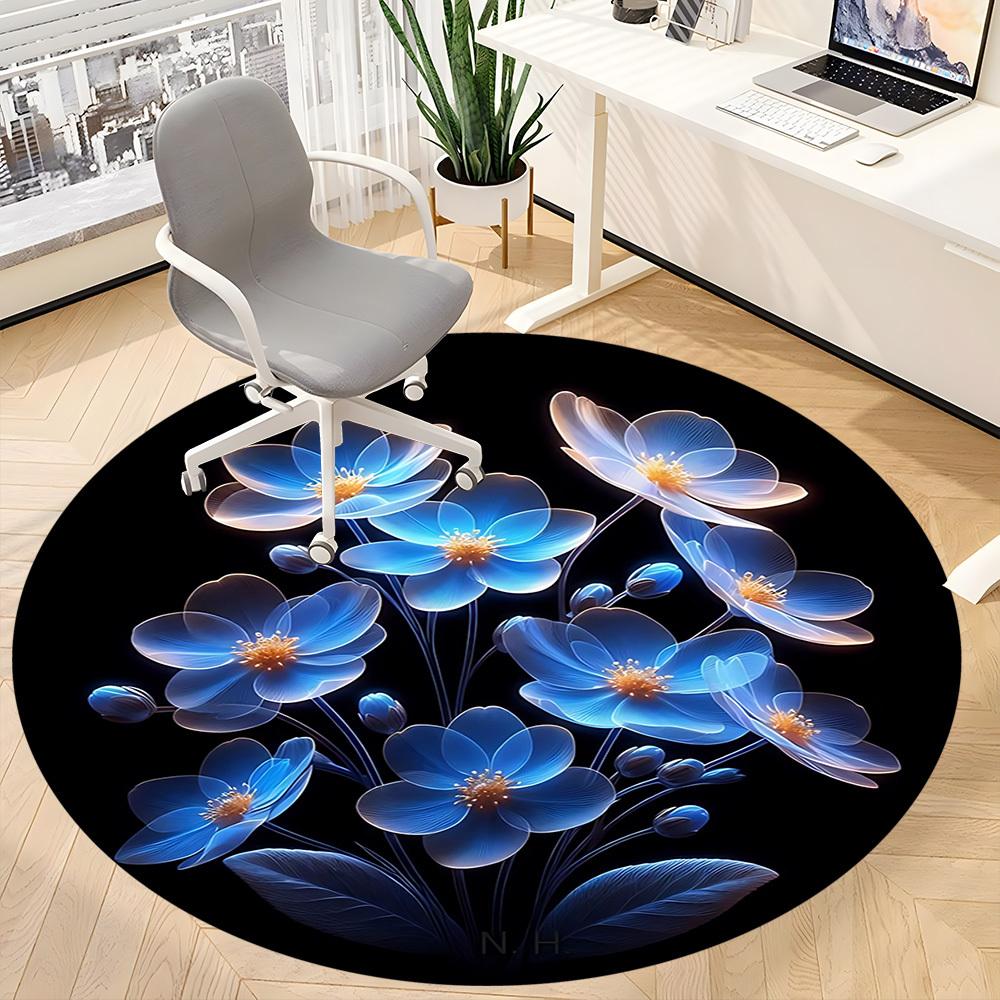 1pc Glowing Blue Flowers Chair Carpet for Office, Round Non-Slip Durable Large Size Office Carpet, Suitable for Office, Beautiful Decoration