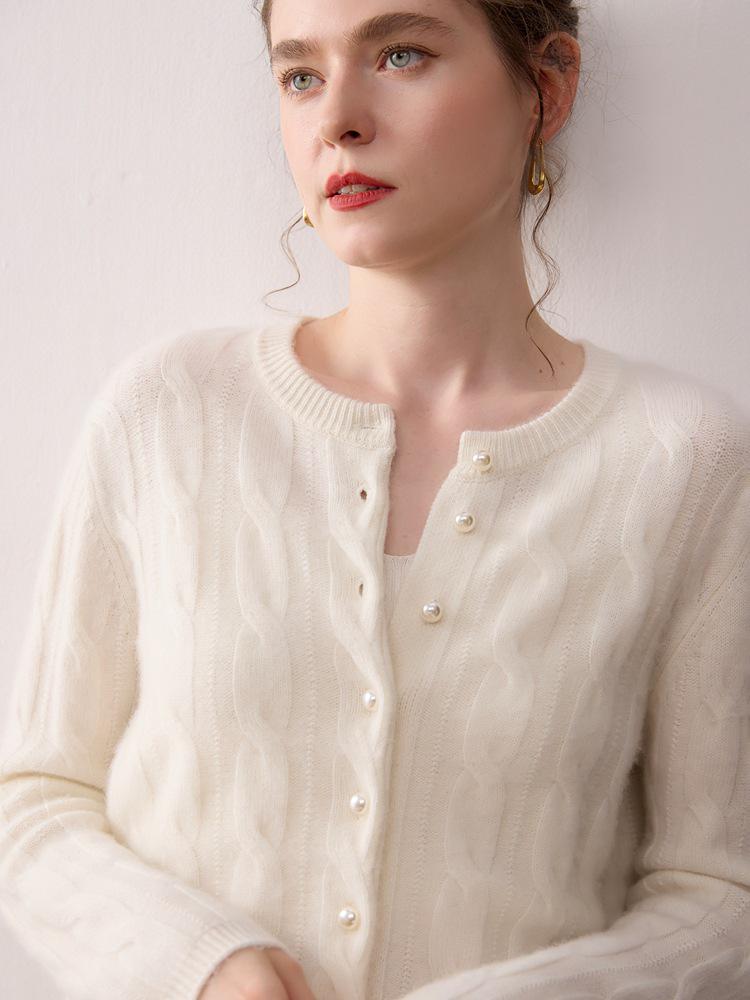 Soft Cashmere Knit Cardigan - Women's Autumn/Winter Solid Color Single-Breasted Cable Knit Round Neck Outerwear