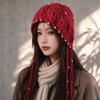 Autumn and Winter New Pearl Tassel Hollow Wool Hat Women's Ethnic Style Knitted Versatile Temperament Pullover Hat Tide
