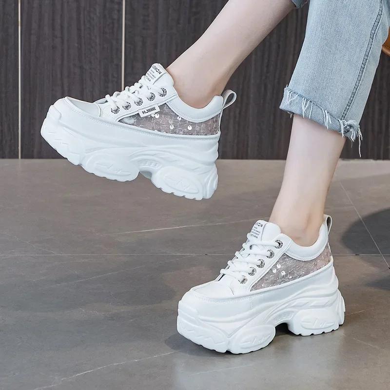 Fashion 8cm Air Mesh Genuine Leather Comfy Hollow Women Chunky Sneaker Ankle Boots Summer Platform Wedge Flats Breathable Shoes