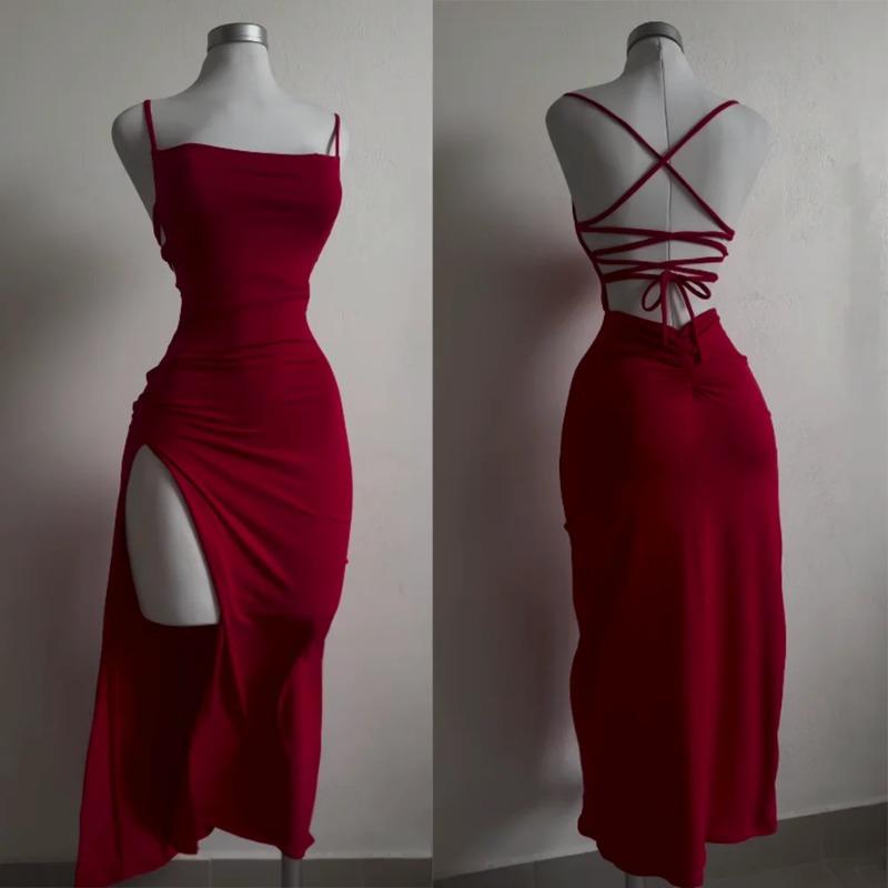 Sexy Backless Lace Up Split High Waist Slim Long Suspender Party Dress For Women
