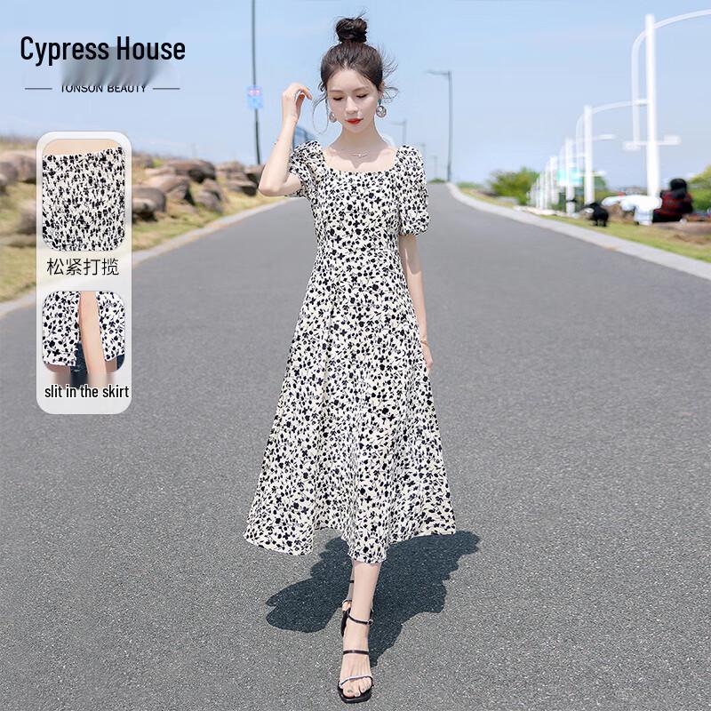 Women s Floral Puff Sleeve Square Neck Midi Dress L