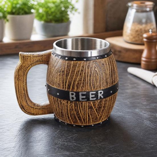 Stainless Steel Beer Mug  Wood Barrel Design Steins