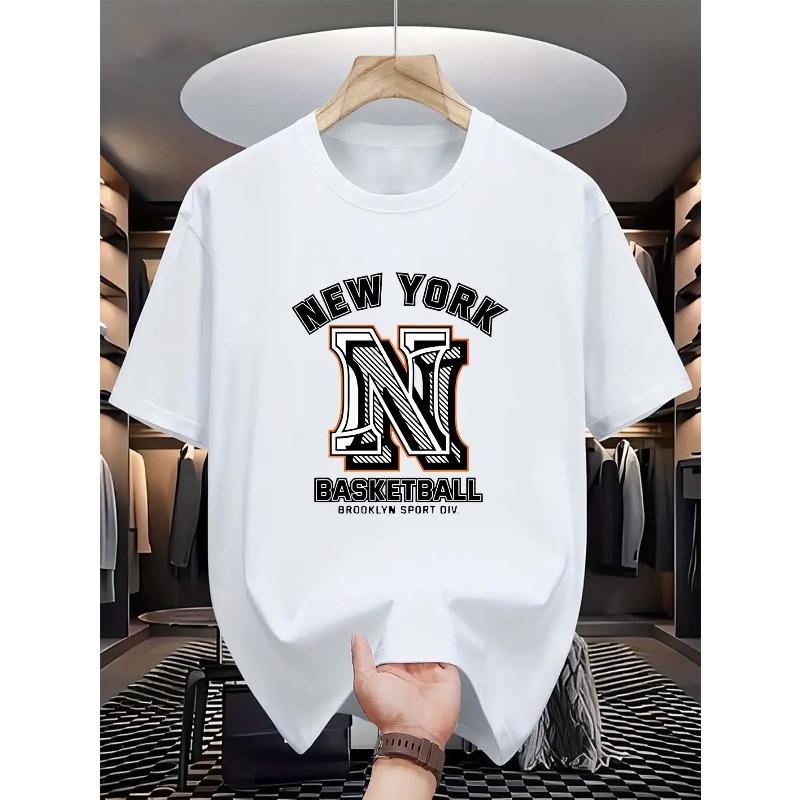 

European Size Men S Casual Crew Neck T-Shirt, New York Basketball Print, , Slight Stretch, Summer Sports Leisure Style, Fashionable Round Neck Top S белый