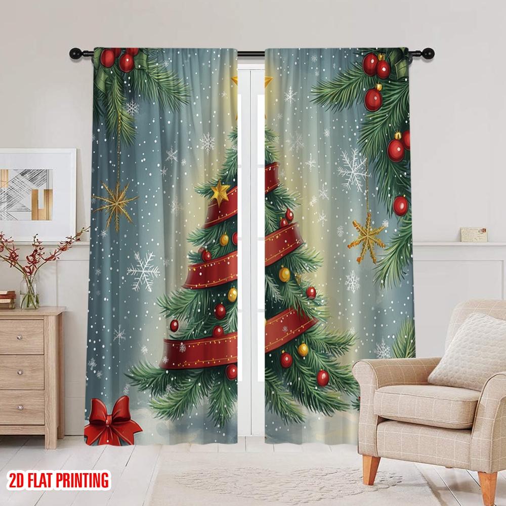 2pcs,2D Plane Printing Pattern Curtains Christmas Tree Snow Ornaments_a (2) 100% Polyester (without Rod) All Seasons Perfect for