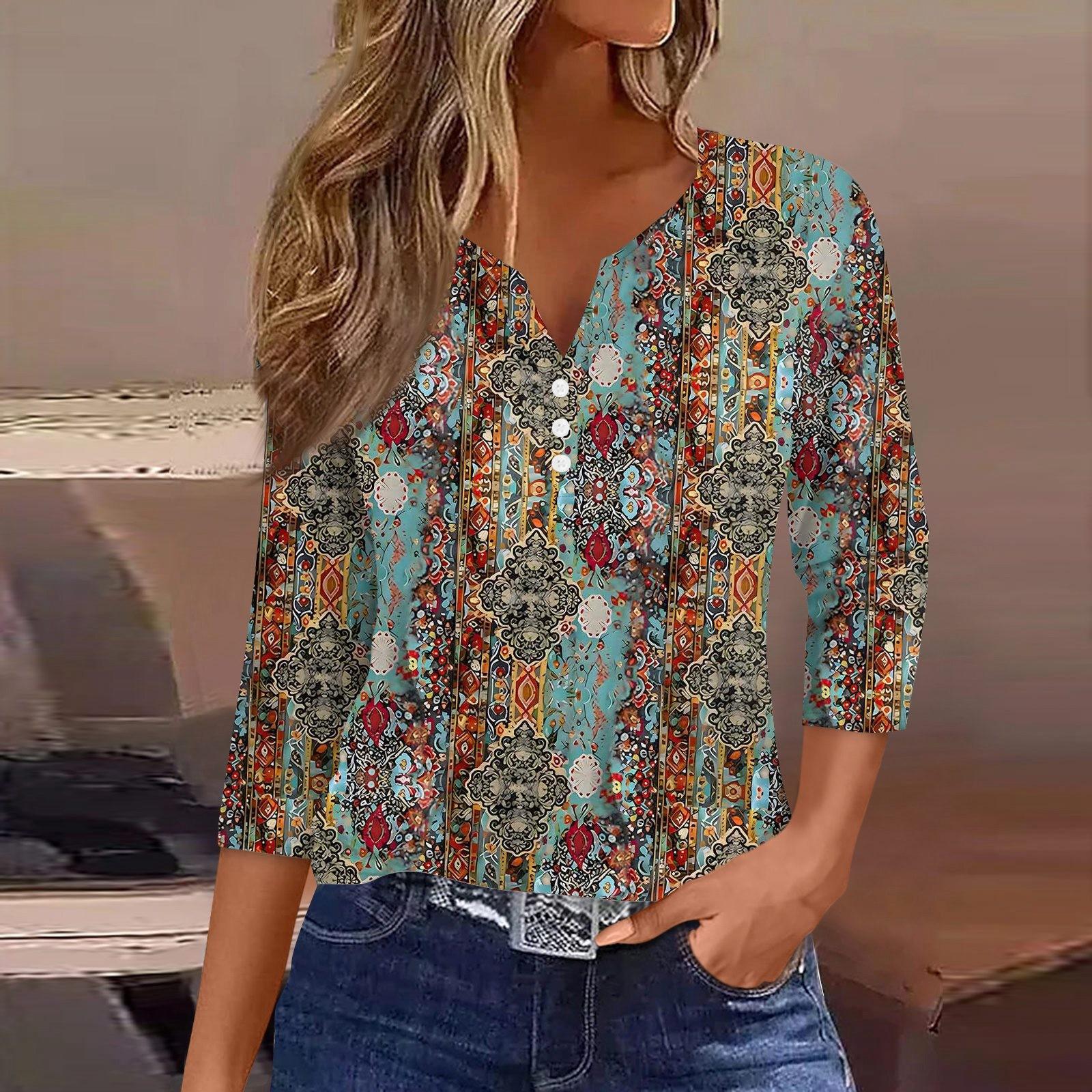 

Жен. Футболка Футболка С принтом Пуговицы Рукав 3/4 Повседневные Выходные Мода Классический Классический V-образный вырез Обычный Верх XXXL циан