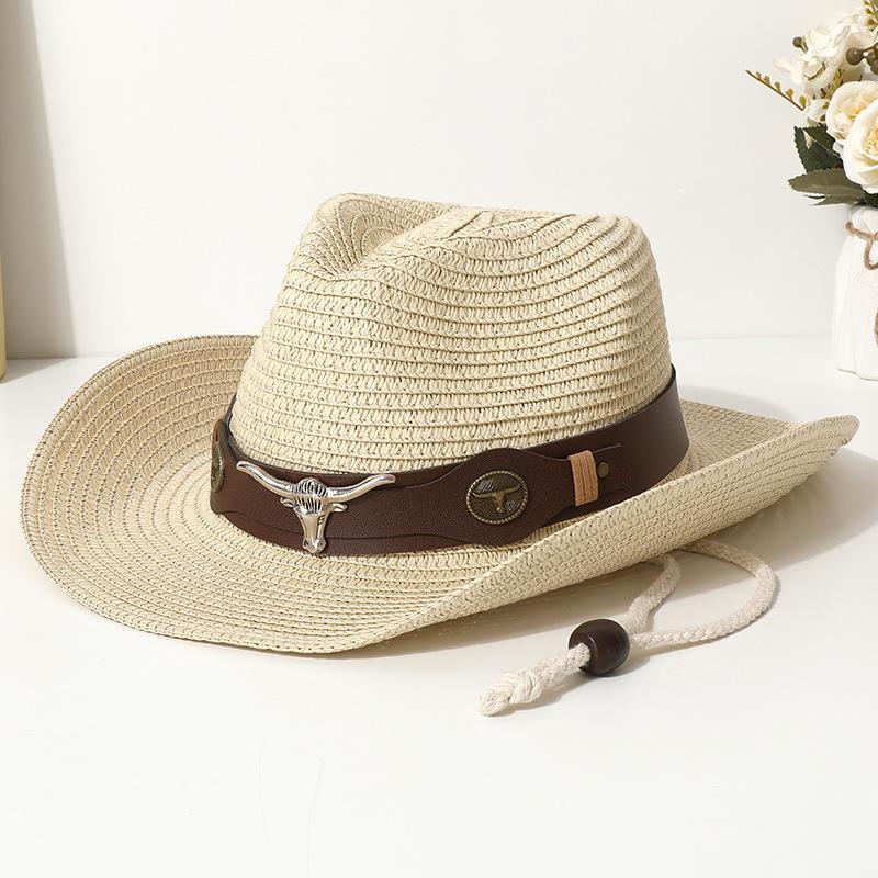 Vintage Western Straw Cowboy Hat Unisex With Belt Buckle Decoration Outdoor Beach Vacation Wide Brim Sun Hat Holiday Gift