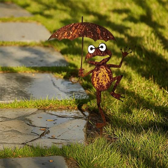 Rusty Frog Garden Stake Cute Frog Holding Umbrella Yard Art Stake Iron Outdoor Ornament for Lawn Flowerbed Courtyard Decor