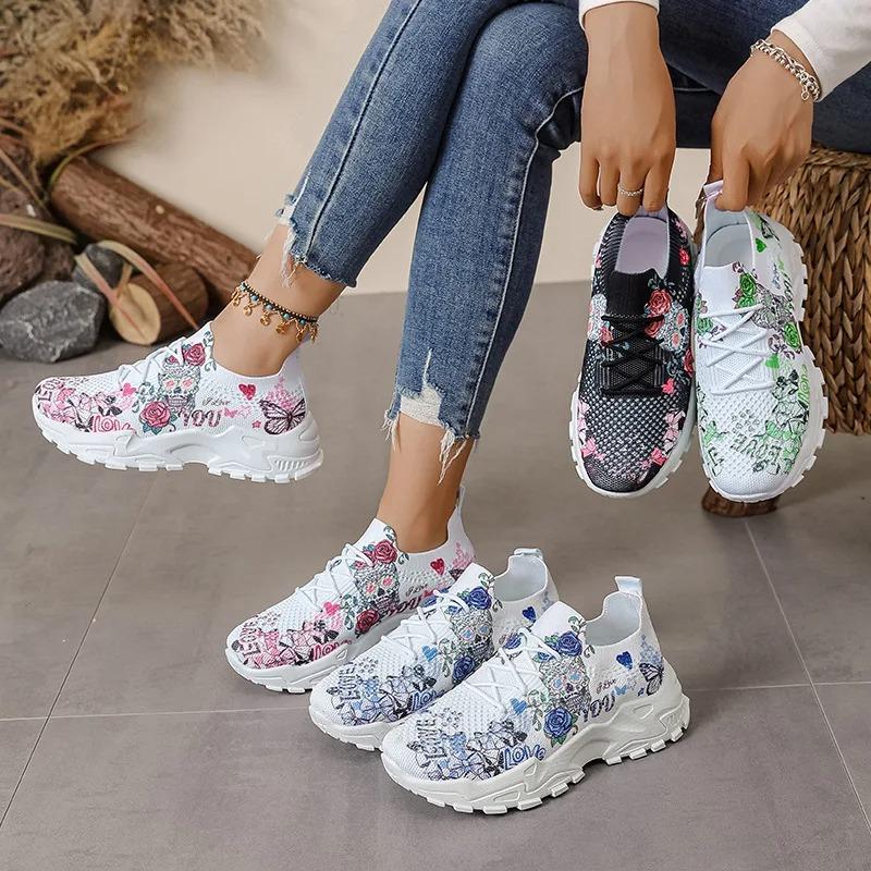 Dames fritidsvevd nettstoff blomsterknyttede sports komfortable og pustende løpesko