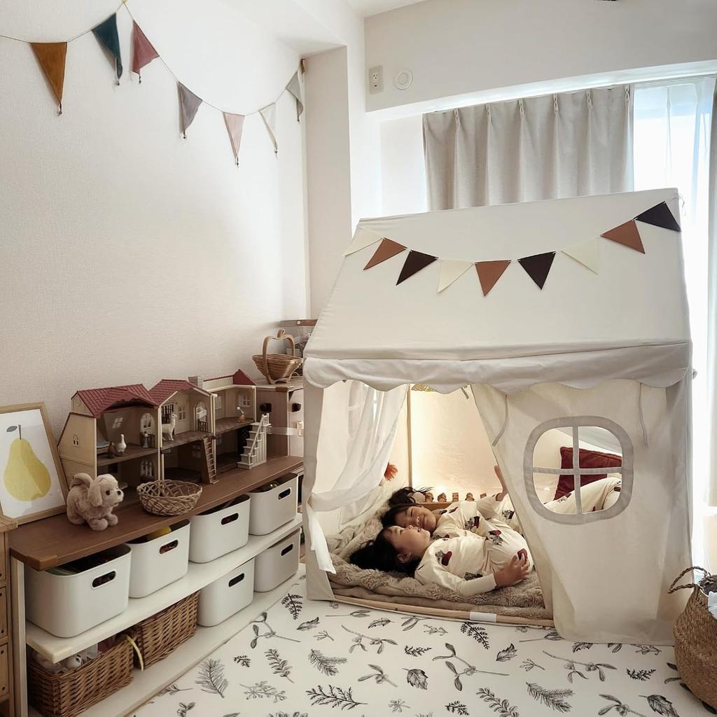 NINEHILLS Kids' Tent, HOME, Greige, Outdoor Camping Teepee, Stylish, 100% Cotton, Wooden Tent House for Kids, Foldable, Indoor Use, Kids' Corner,