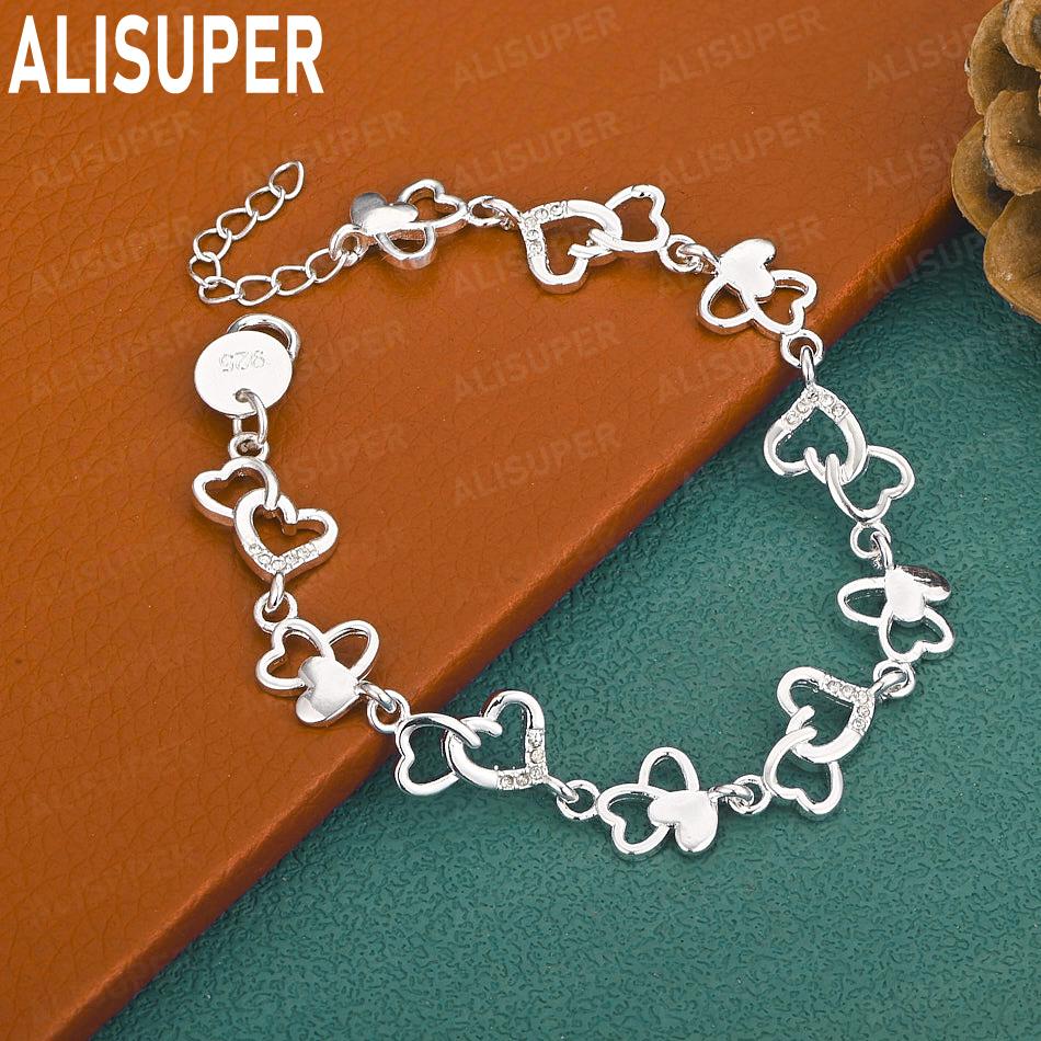 925 Sterling Silver Exquisite AAA Zircon Heart-Shaped Bracelet - Banquet Gift Jewelry 20cm