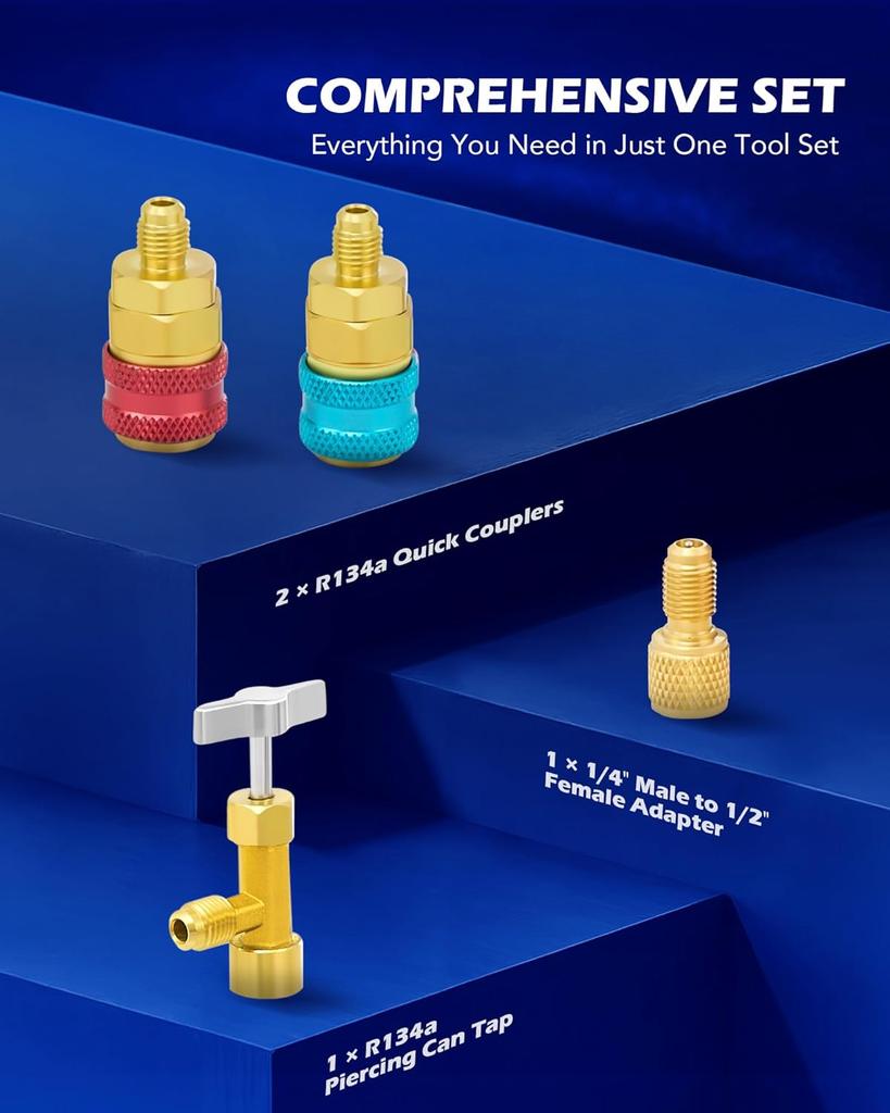 AC Manifold Gauge Set for R12 R22 R502 R134a, 3-Way Automotive HVAC Gauge with Antishock Gauges, Hoses, Couplers & Adapter, Freo