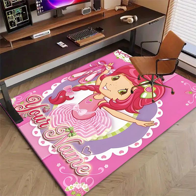 Princess Strawberry Design Area Rug Personalized Name- Non-Slip, Soft & Cozy Floor Mat for Living Room, Office - Indoor/Outdoor Carpet