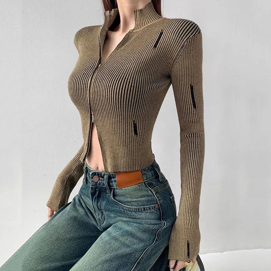 Vintage Zipper Strickjacke Frauen Y2k Ästhetischen Grunge Pullover Jacken Weibliche Harajuku Dünne Gestrickte Mäntel Femme C-246