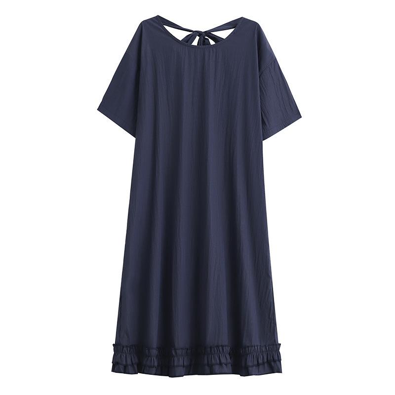 

Новое летнее женское платье большого размера однотонной расцветки с черной отделкой в виде ушек, излучающее литературный и художественный шарм 6XL темно-синий