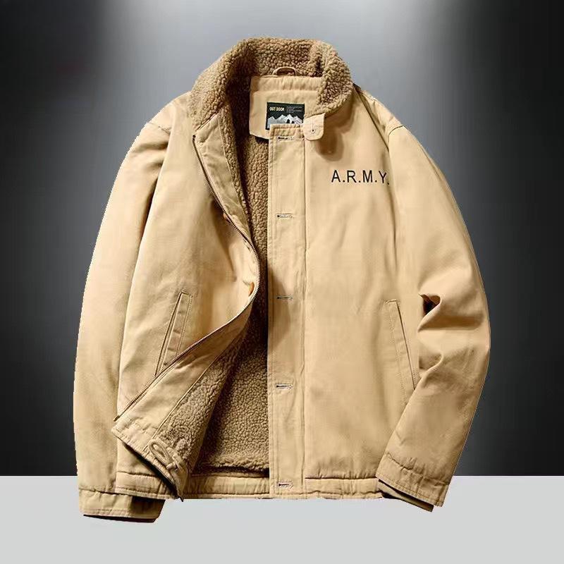 

Новая осенне-зимняя одежда из овечьей шерсти с хлопковой подкладкой, на флисе и утолщенная, в стиле милитари, большого размера, темно-синяя палубная куртка, мужская куртка в стиле ретро для среднего возраста M хаки